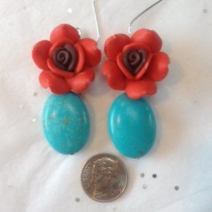 Pretty Boho Red Flower & Turquoise Dangle Earrings